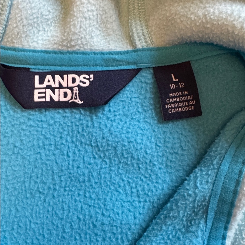 Lands End Fleece full zip size 10 unisex hooded blue color block - Picture 2 of 7